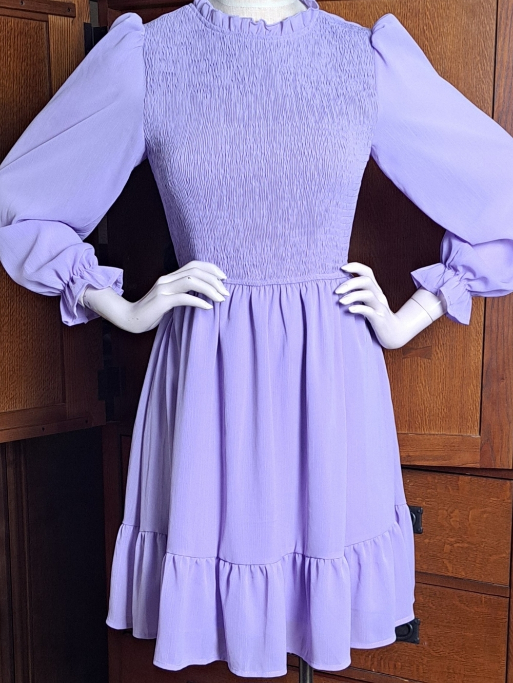 Kenaque Lavender Sheer Smocked Puff Sleeve Mini Dress Lined - Size Small
